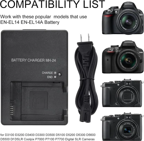 Vista 5 de Cargador de batería rápido MH-24 para Nikon EN-EL14 EN-EL14a Batería compatible con Nikon D3100 D3200 D3300 D3400 D3500 D5100 D5200 D5300 D5500