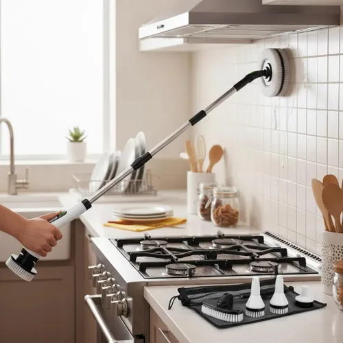 Vista 9 de Limpiador eléctrico inalámbrico giratorio – IPX7 impermeable, pantalla LCD, 8 cabezales de cepillo, mango de extensión ajustable, para ducha