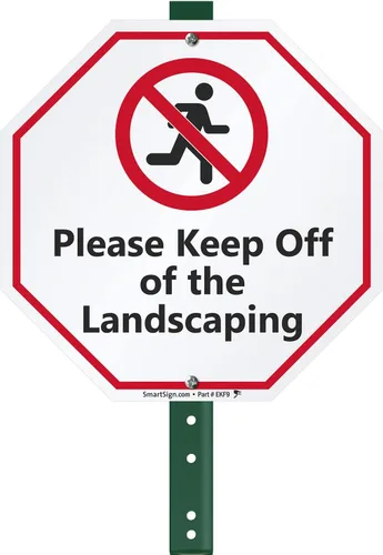 Vista 10 de SmartSign Letrero de patio con texto en inglés "Please Keep Off Of The Landscaping" de 10 x 7 pulgadas, kit de estaca de 18 pulgadas, aluminio Rojo