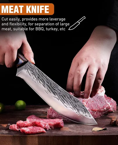 Vista 2 de Juego de 3 cuchillos de carnicero forjados a mano, cuchillo de carne muy afilado, cuchillo de chef serbio para cortar carne, cocina, barbacoa