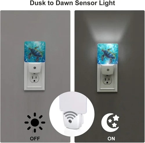 Vista 3 de Juego de 2 luces LED de noche con diseño de tortuga marina azul, sensor de atardecer a amanecer, lámpara nocturna decorativa para el hogar