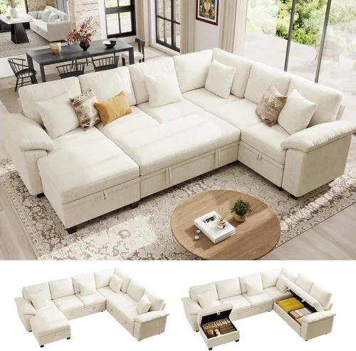 Vista 17 de Ihanherry Sofá modular de 86 pulgadas con cama extraíble, sofá cama modular en forma de L de 4 plazas con otomana de almacenamiento, sofás Verde