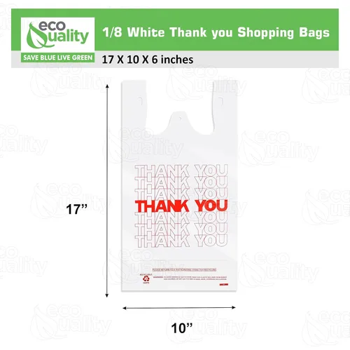 Vista 3 de EcoQuality Bolsas de plástico blancas con texto en inglés "Thank You", 1000 unidades, bolsas de compras de 1/8, bolsas de comestibles, bolsas