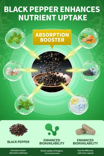 Vista 6 de Cápsulas de aceite orgánico de orégano con aceite de semilla negra, ajo, cúrcuma, albahaca santa, vitamina D3, E y pimienta negra para una mejor