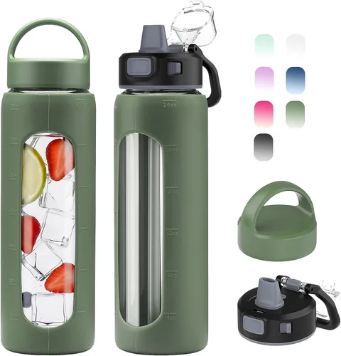 Vista 24 de Kodrine Botella de agua de vidrio de 20 onzas con pajilla - 2 tapas para un fácil transporte, con asa, funda de silicona y marcador de tiempo