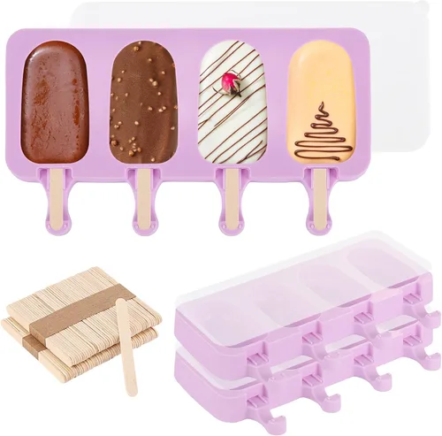 Vista 9 de Juego de 3 moldes para paletas con tapas y 100 palitos de paletas de madera, tamaño estándar, 4 cavidades, moldes de silicona para hacer cakesicles