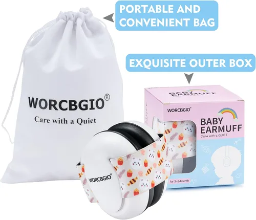 Vista 2 de WORCBGIO Orejeras para bebés con cancelación de ruido, protección auditiva para niños pequeños con diadema elástica ajustable (oso, color blanco)
