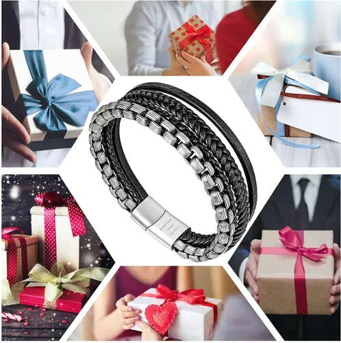 Vista 6 de Speroto Pulseras para hombre, pulseras de cuero y acero, pulseras de cadena con cierre, pulseras de acero para hombre, Sin gemas.