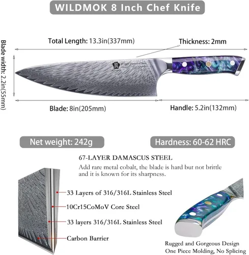 Vista 2 de WILDMOK Cuchillo de chef de Damasco, cuchillos de chef japoneses de 8 pulgadas, cuchillo de cocina con mango de resina, cuchillos afilados