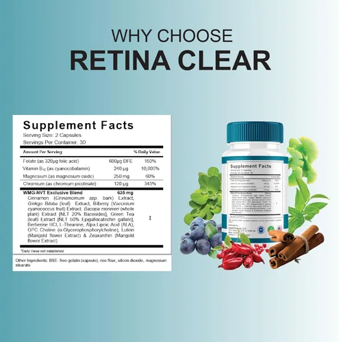 Vista 2 de BLUE VIBE Retina Clear Suplemento avanzado para la salud ocular, Retina Clear Max Strength Suplemento general para visión y bienestar, pastillas