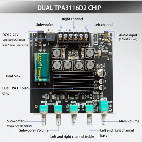Vista 2 de Placa de amplificador Bluetooth, ZK-TB21 2.1 canal 50W+50W+100W amplificador de potencia, mini Bluetooth 5.0 AMP con subwoofer, control de graves