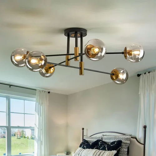 Vista 9 de SZXYKEJI Lámpara de araña de 3 luces, luminaria de techo semiempotrada vintage con globo de vidrio, lámpara de techo negra para pasillo, escalera