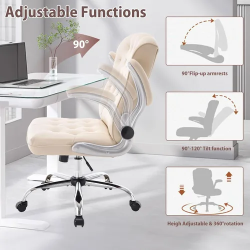 Vista 8 de Silla de oficina moderna de cuero, silla de escritorio ejecutiva ergonómica de respaldo medio con brazo abatible, silla de trabajo giratoria