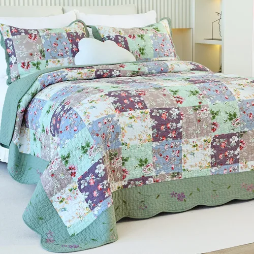 Vista 10 de EVENHUG Juego de edredón de retazos de 100% algodón, tamaño King, ligero, floral, juego de ropa de cama, colcha reversible con fundas de almohada