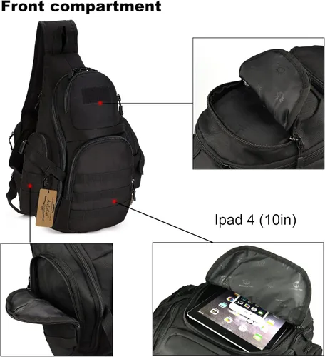 Vista 3 de ArcEnCiel bandolera táctica militar, mochila con parche, negro