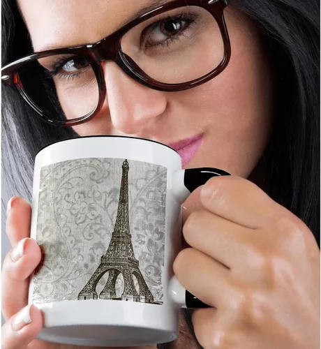 Vista 2 de 3dRose Taza vintage de dos tonos de la Torre Eiffel, Francia, 11 onzas, negro/blanco