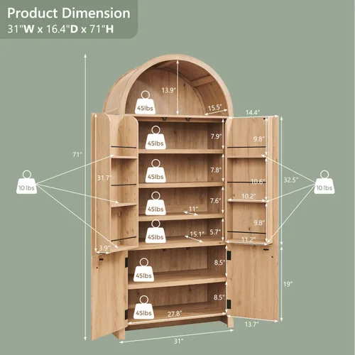 Vista 2 de IFGET Despensa de cocina arqueada de 71 pulgadas de alto, moderno armario de almacenamiento de madera estriada con puertas, 3 estantes ajustables, 6