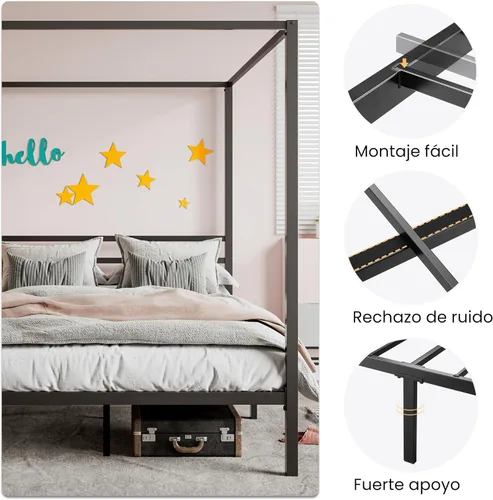 Vista 4 de SHA CERLIN Base de cama con dosel, tamaño Queen, base de colchón con soporte de listones de metal, no necesita somier, fácil montaje, color negro