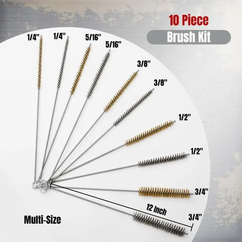 Vista 2 de PMD Products Kit de cepillos de limpieza de tubos de 10 piezas Cepillos de alambre de latón y cepillos de acero inoxidable de 12 pulgadas de largo