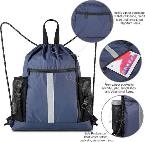Vista 3 de BeeGreen Mochila con cordón, bolsa de gimnasio deportiva negra, tamaño grande, con cremallera, botella de agua, bolsillos de malla, compartimento