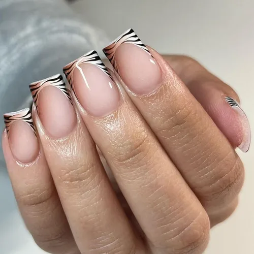 Vista 18 de Uñas postizas cuadradas cortas de color nude, uñas postizas francesas blancas con diseño de diamantes de imitación, uñas brillantes a presión