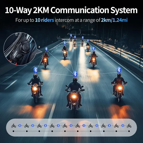 Vista 4 de JESIMAIK Auriculares Bluetooth para Casco de Motocicleta, Sistema de Comunicación de Casco de 2KM de 10 Vías, Intercomunicador de Audio Multitarea