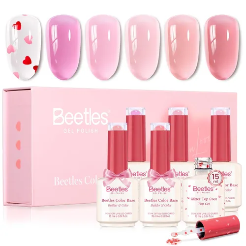 Vista 15 de Beetles - Esmalte de uñas de gel con base de goma, 6 colores nude, esmalte de gel rosa, melocotón, neutro, transparente, francesa, colores base