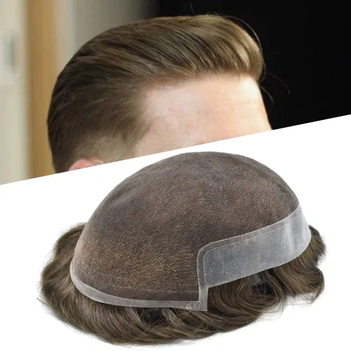 Vista 11 de Pieza de pelo para hombre, cabello humano real, suave encaje suizo frontal, tupé para hombres, sistema de cabello, extensiones capilares para hombre