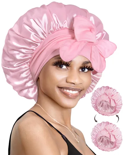 Vista 20 de BONNET QUEEN Gorro reversible de satén de seda para dormir, doble capa, ajustable, trenzas rizadas, peluca de cabello natural, banda para gorro
