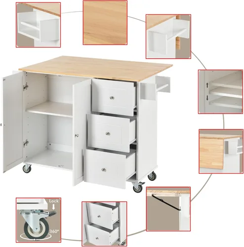 Vista 5 de Isla de cocina móvil con hoja caída, parte superior de madera maciza, carrito de isla de cocina rodante con ruedas bloqueables con armario