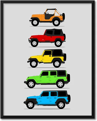 Vista 23 de Custom Car Posters Póster hecho a mano compatible con Jeep Wrangler Generations e impresión de CJ, YJ, TJ, JK, JL - Multi, impresión metálica de 8 x