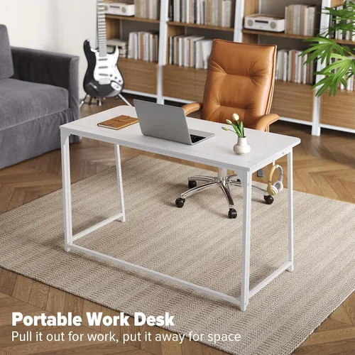 Vista 24 de WOHOMO Escritorio plegable de mármol sintético blanco, escritorio pequeño de 31.5 pulgadas para espacios pequeños con patas doradas, escritorio