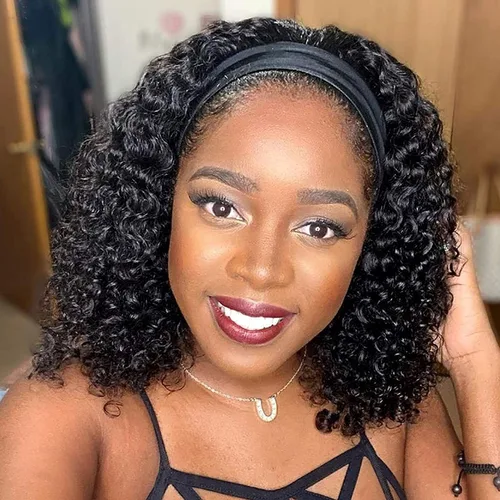 Vista 3 de Aiterina - Peluca de diadema de onda profunda con cabello humano para mujeres negras, cabello remy brasileño, sin pegamento, sin encaje frontal
