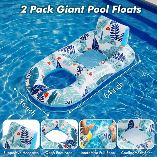 Vista 6 de 2 Pack Pool Floats Adult Heavy Duty-Adult Pool Float Lounger with Cup Holders, Backrest & Footrest Pool Lounge Float Pool Floaties Rafts for Beach