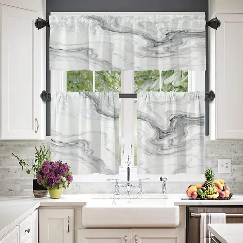 Vista 8 de Cortinas opacas de mármol abstracto blanco y gris para ventanas, cenefas opacas de poliéster multicapa para cocina, paquete de 2 unidades, 26 x 24