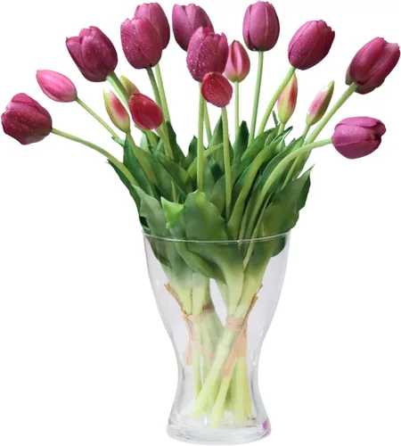 Vista 11 de 20 flores de tulipán artificiales, tallos de tulipán de tacto real de 16 pulgadas con hojas sintéticas, tulipanes y capullos sintéticos