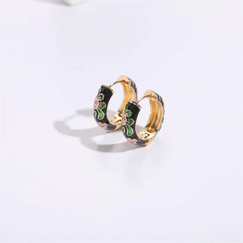Vista 2 de Aretes de aro pequeños con diseño de flores esmaltadas vintage, estilo japonés, para mujer