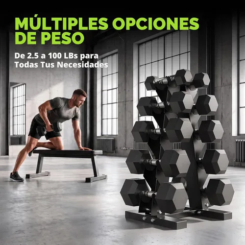 Vista 8 de HANDBODE Juego de mancuernas hexagonales recubiertas de goma con estante de marco en A, 100 libras - 600 libras, múltiples opciones