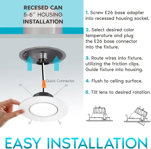 Vista 6 de LUXRITE Luces empotrables LED cardán de 5/6 pulgadas, 11 W = 90 W, 5 colores seleccionables 2700 K-5000 K, CRI 90, luz LED regulable ajustable, 1100