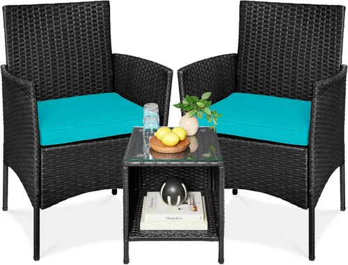 Vista 11 de Best Choice Products Juego de 3 piezas de mimbre para conversación al aire libre, muebles de patio que ahorran espacio para jardín con mesa