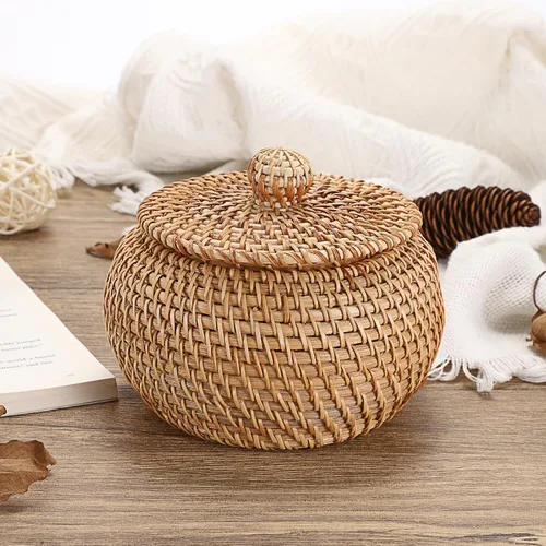 Vista 6 de Hipiwe Cajas de Cestas Redondas de Ratán con Tapa Tejidas a Mano, Cestas de Almacenamiento de Mimbre, Contenedor, Cesta Decorativa Multiusos