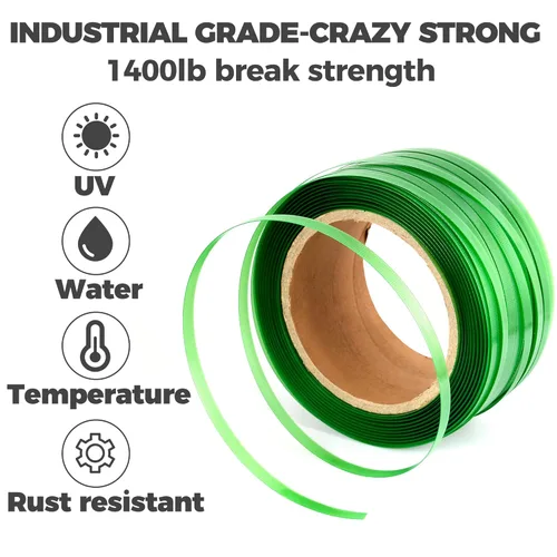Vista 9 de Rollo de bandas de embalaje de alta resistencia, poliéster verde PET de grado industrial, bobina de correa de palé de 1000 x 5/8 x 0.035 pulgadas