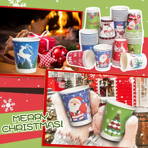 Vista 3 de Vasos de Navidad desechables, 120 unidades, tazas de papel, chocolate caliente, cacao, tazas de café para suministros de fiesta de Navidad, 9 onzas