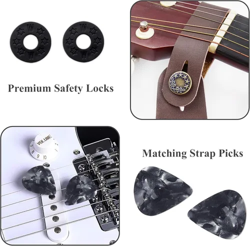 Vista 4 de QIELIZI Correa ajustable para guitarra incluye 2 cierres de correa y 2 púas a juego y 1 portapúas y 1 botón de correa de cuero.
