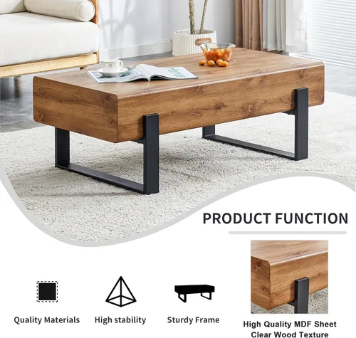 Vista 9 de Mesa de centro rectangular rústica, moderna mesa de centro simple de madera con patas de metal, mesa central para sala de estar