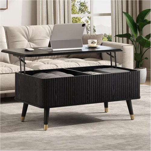 Vista 19 de Mesa auxiliar ovalada con almacenamiento, mesa de centro acanalada de 42.5 pulgadas con parte superior de elevación y patas de madera maciza, mesa