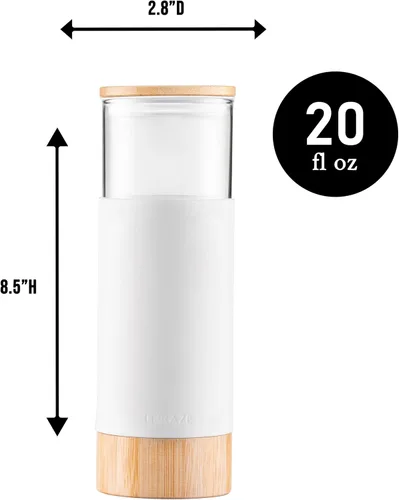 Vista 5 de Vaso de vidrio prémium de 20 onzas con popote y tapa de bambú y base con funda protectora de silicona, sin BPA, botella de agua Growler