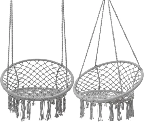 Vista 12 de Garpans Hamaca de macramé, estilo bohemio, hamaca con borlas, columpio colgante hecha a mano, cuerda de algodón tejida a mano para interiores y Beige