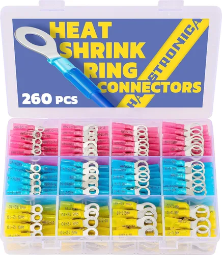 Vista 12 de haisstronica Terminales de anillo, 100 conectores de anillo termorretráctil de grado marino, conectores de cable amarillo, cobre rojo estañado #10