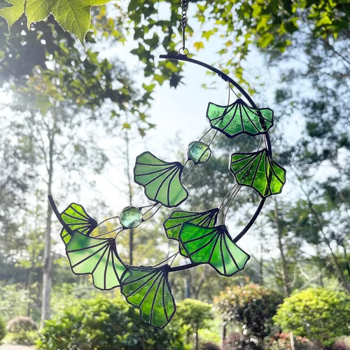Vista 4 de Galag Atrapasoles de vidrio de colores - Kit para colgar ventanas de cristal, atrapasoles, planta de ventana de interior, hoja de ginkgo